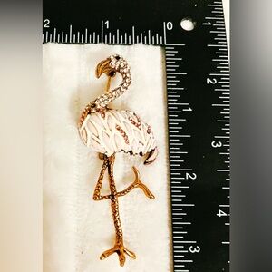 Large Enamel Flamingo Brooch - Pink & White Rhinestone Tropical Bird Pin